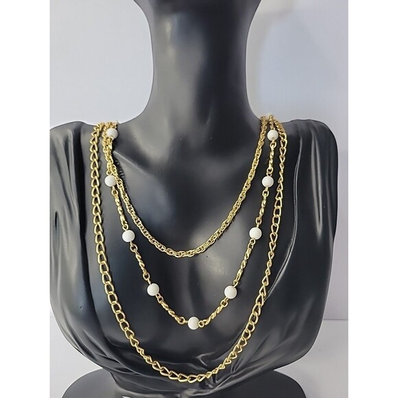 Unbranded Jewelry - Vintage Necklace Beaded White Gold Tone Chain Multi Strand Jewelry Costume